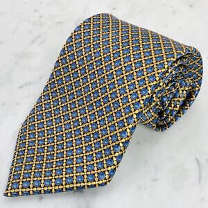 ZILLI Silk Tie 59”x3-3/4” Yellow Flower Blue Geometric & Navy Handmade Italy EUC